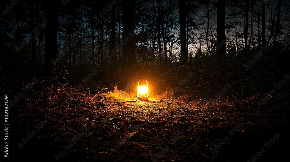 A lit lantern in the middle of a dark forest during nighttime, with the sun shining on the ground and trees visible in the background A lit lantern in the middle of a dark forest during nighttime, with the sun shining on the ground and trees visible in the background