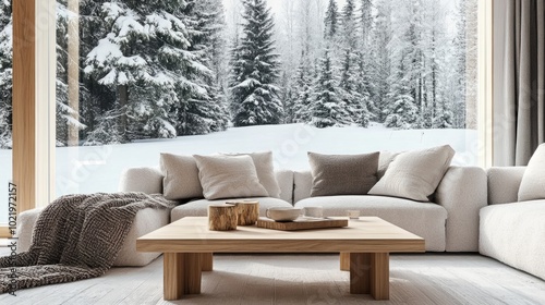 Minimalist winter living room with a light wooden coffee table  warm blanket  and snowy forest outside generative ai