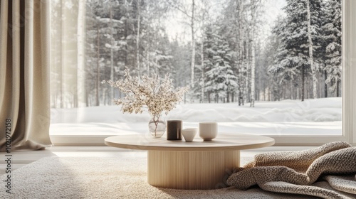 Minimalist winter living room with a light wooden coffee table  warm blanket  and snowy forest outside generative ai