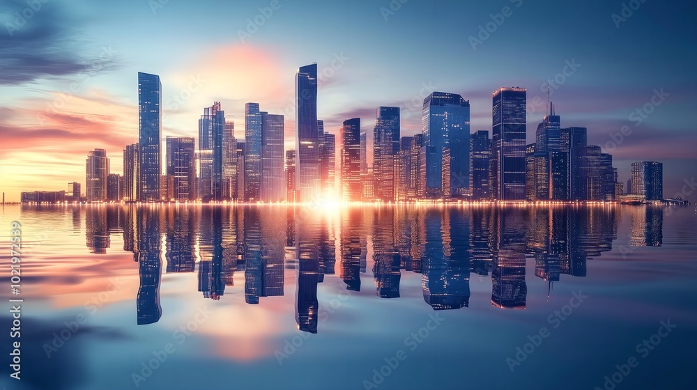 Fototapeta premium Abstract cityscape reflected in a still lake