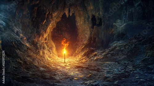  Man in cave with tunnel endpoint illuminated