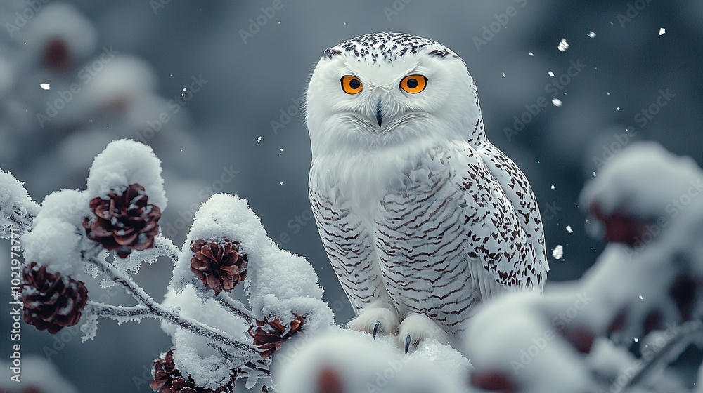Obraz premium A snowy owl perches on a branch with pine cones in the foreground and snow covering the background