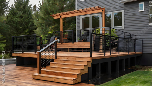Modern Wood Deck, Staircase, Black Railing generative ai