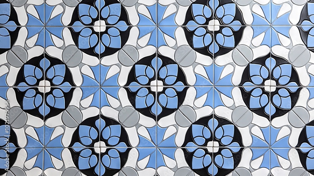 Fototapeta premium Closer look at a tiled wall with blue-white pattern outside and black-white inside