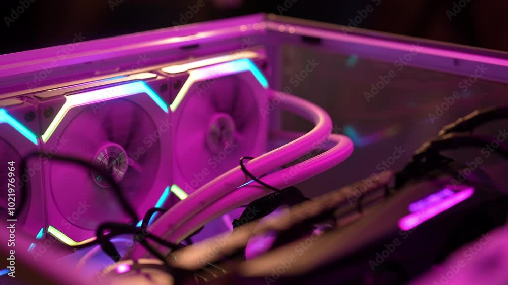 Modern water cooling system keeping temperature of powerful gaming computer low with help of its fans and radiator. Cyberspace blue gaming computer case with fans, water cooling and neon lights.
