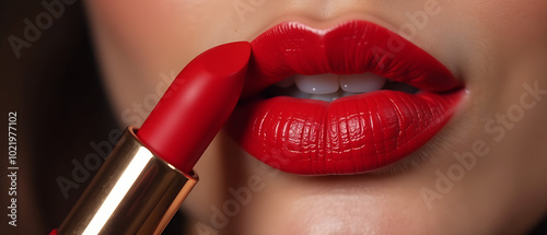 Close-up of a woman's lips with matte red lipstick and a matching lipstick tube. Perfect for beauty and makeup concepts