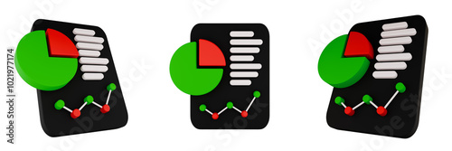 3D illustration of clipboard with pie chart and graph symbolizing data analysis and reporting. Isolated on transparent background