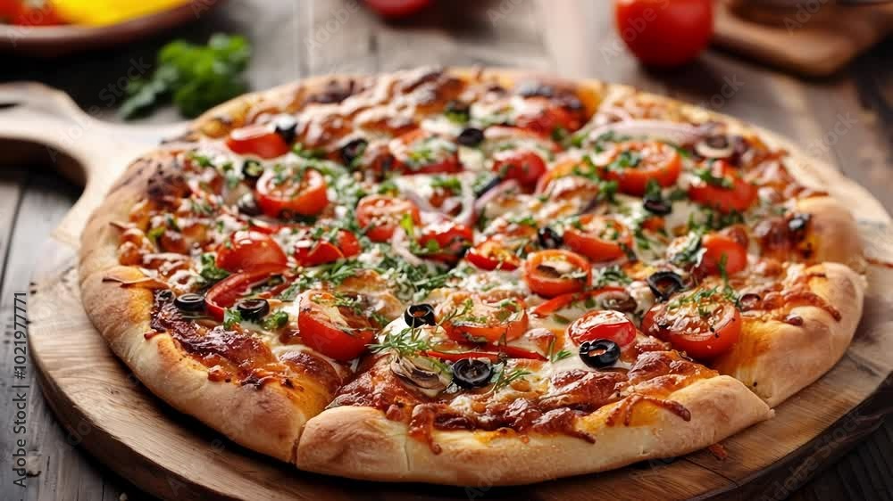 Freshly baked pizza with melted cheese and cherry tomatoes, olives, herbs and mushrooms, lying on a rustic wooden board