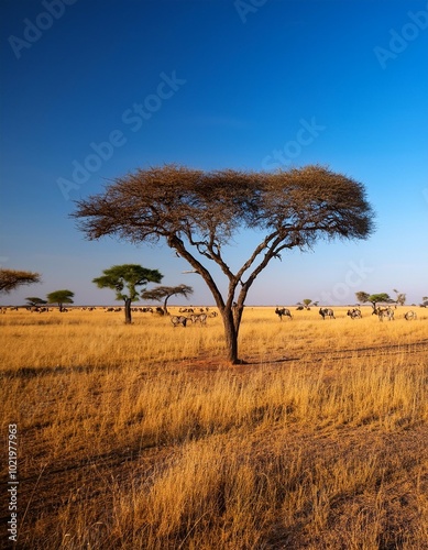 Vast Open Savannah Stretching to the Horizon, With Towering Acacia Trees Dotted Across the Landscape, Beneath a Clear Blue Sky and Gently Grazing Herds in the Distance