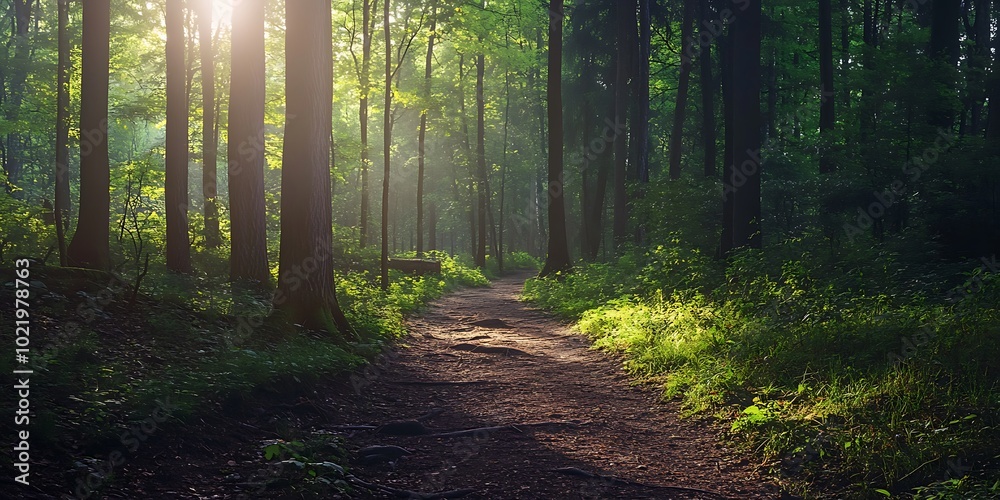 Fototapeta premium Sunbeams through forest trees on a path