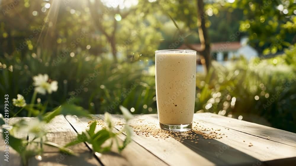 Protein smoothie sits on a wooden table outside on a sunny day, perfect for a health and wellness blog or social media post Protein smoothie sits on a wooden table outside on a sunny day, perfect for a health and wellness blog or social media post