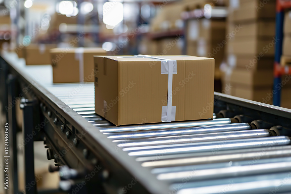 Cardboard boxes are moving along a conveyor belt in warehouse Cardboard boxes are moving along a conveyor belt in warehouse