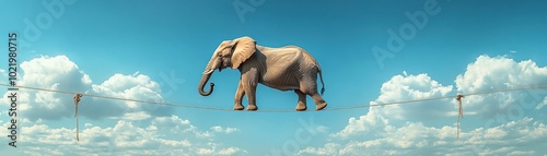 Elephant balancing on a tightrope against a bright blue sky, clouds in the background, whimsical and surreal scene photo