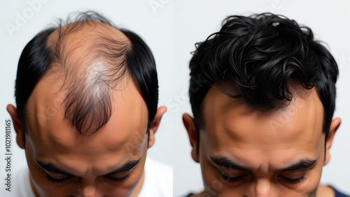 A before and after comparison of a man's scalp showing significant hair regrowth. The left image shows thinning hair and bald spots, while the right image shows fuller, thicker hair.