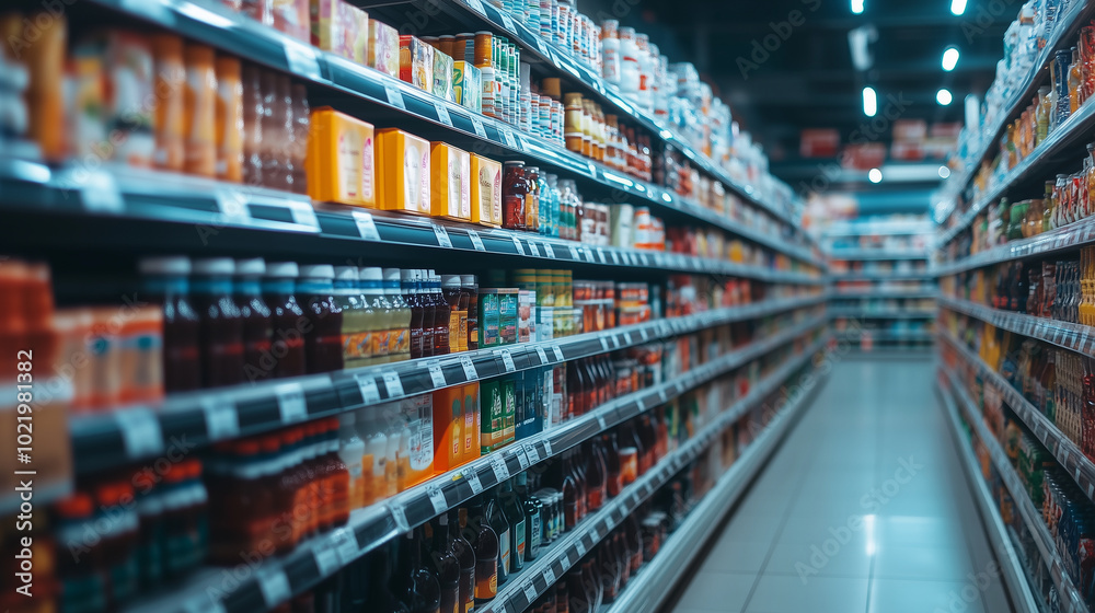 A spacious supermarket aisle with shelves full of diverse, well-organized products. Every item is placed with precision, from colorful boxes to neatly lined bottles, creating a sen A spacious supermarket aisle with shelves full of diverse, well-organized products. Every item is placed with precision, from colorful boxes to neatly lined bottles, creating a sen