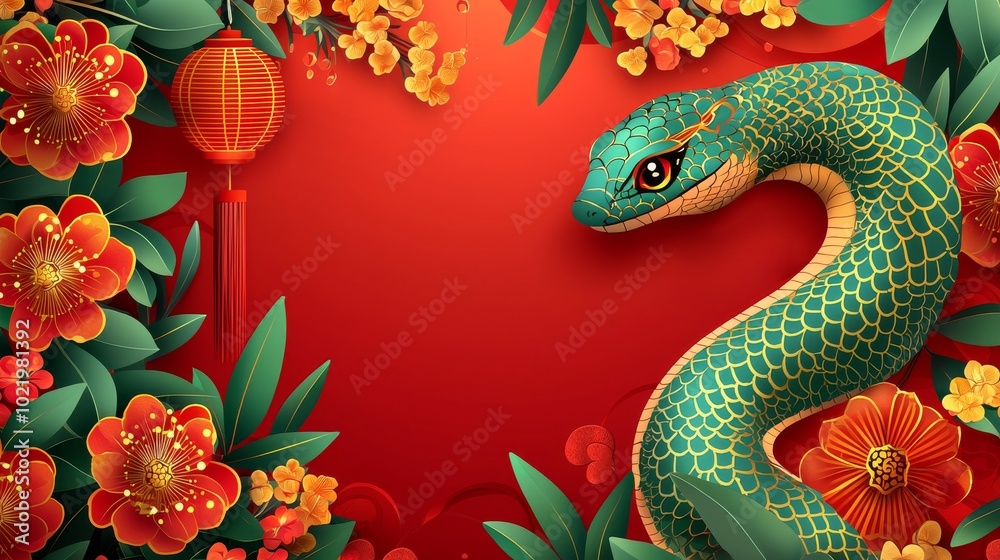 Obraz premium A Captivating Snake Illustration with Blossoms for the Lunar New Year Celebration