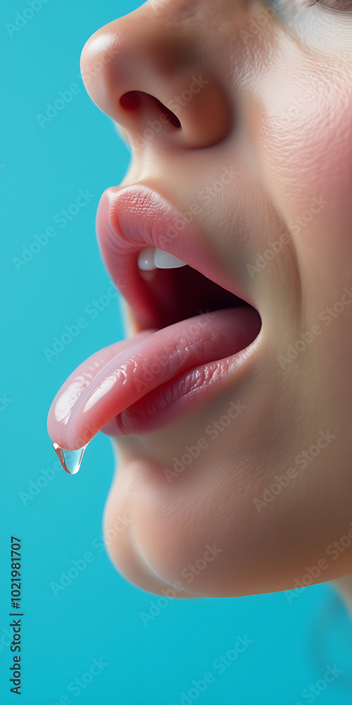 Fototapeta premium Close-up of a woman's mouth with a liquid on her tongue against a blue background.