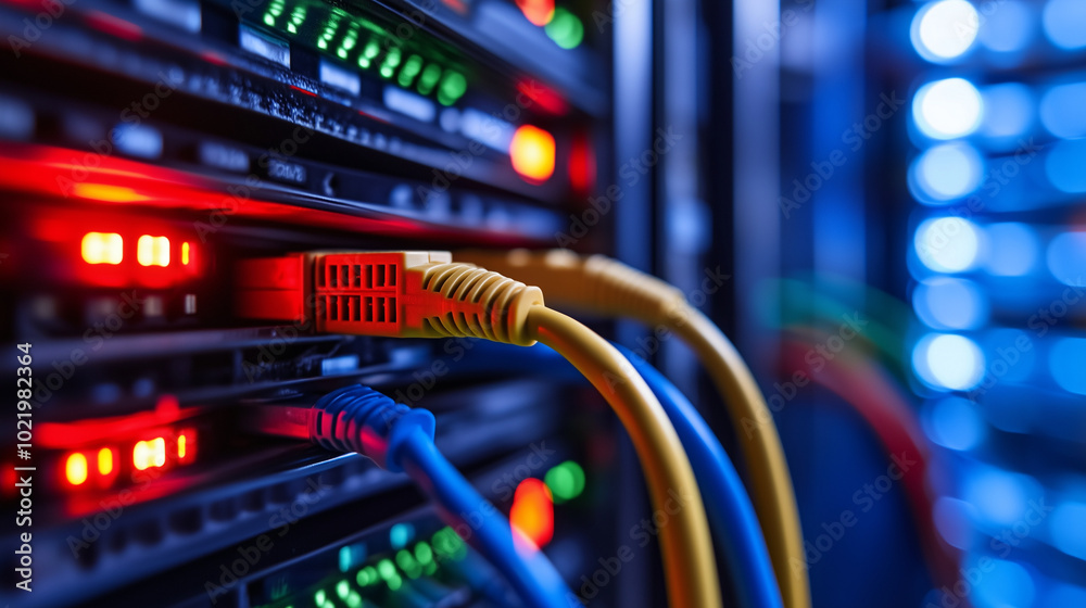 A vibrant array of network cables in shades of red, blue, and green, all connected to a server via yellow connectors. The close-up showcases the precision and organization behind m