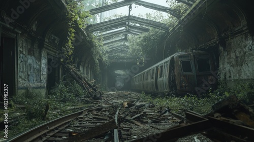 A train sits abandoned on rusted tracks in a crumbling, overgrown train station.