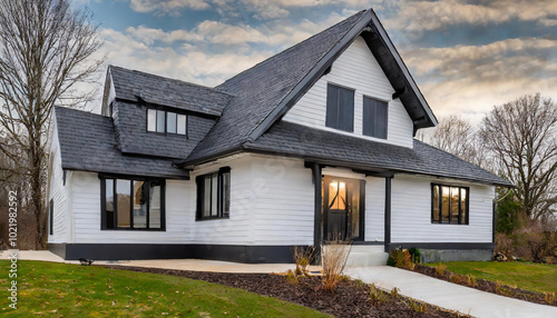 Modern farmhouse exterior with clean lines and large windows during golden hour in a peaceful landscape