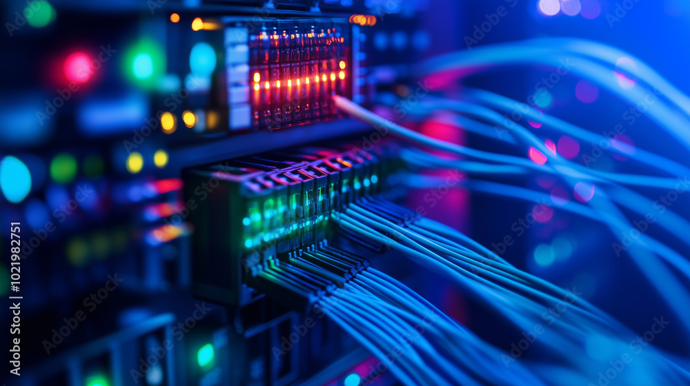 A macro view of a server's connection hub, where colorful cables A macro view of a server's connection hub, where colorful cables