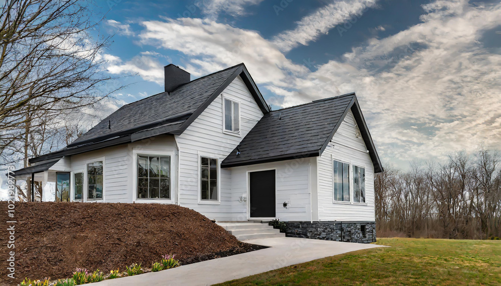 A modern white house with a black roof and large windows set against a cloudy sky in a tranquil suburban area during daylight A modern white house with a black roof and large windows set against a cloudy sky in a tranquil suburban area during daylight