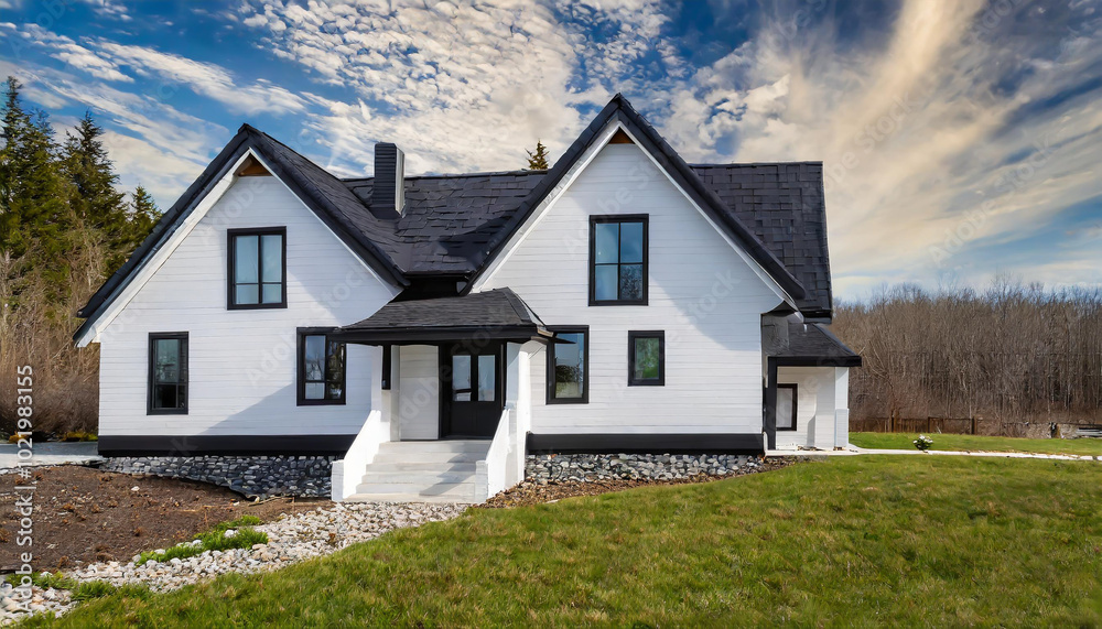 Modern white house with black accents set against a lush green landscape and vibrant sky during the day Modern white house with black accents set against a lush green landscape and vibrant sky during the day