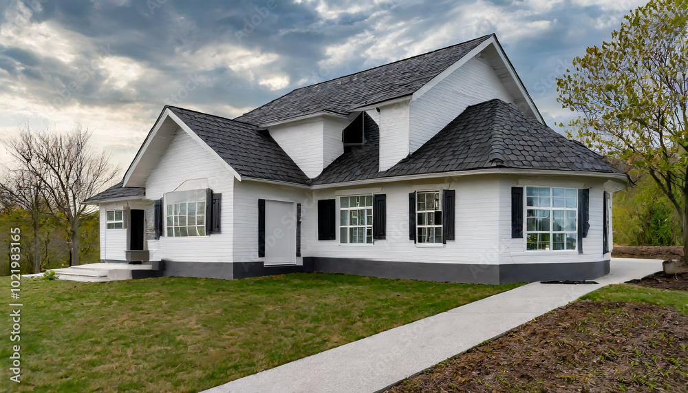 Beautiful white house with a unique roof design situated in a serene neighborhood under a dramatic sky Beautiful white house with a unique roof design situated in a serene neighborhood under a dramatic sky