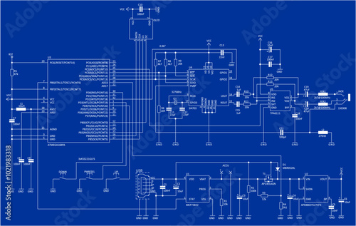 Schematic diagram of electronic device.
Vector drawing electrical circuit with 
integrated circuit, usb, microcontroller,
resistor, capacitor, other components 
on background of paper sheet.