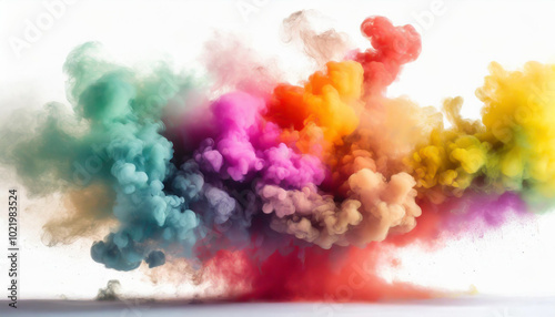 Colorful smoke explosion creates a vibrant display in a bright background with various hues blending together vividly