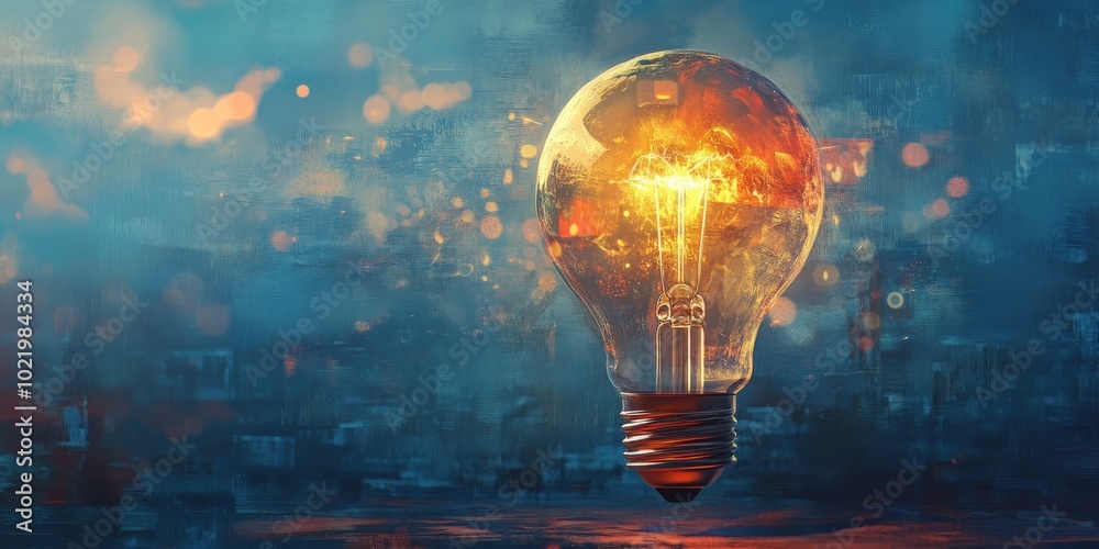 A glowing light bulb in the background of a blue and orange abstract background. A glowing light bulb in the background of a blue and orange abstract background.