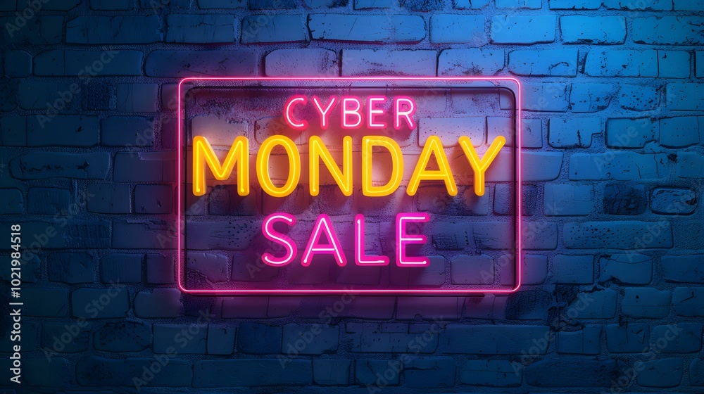 Obraz premium Multicolor Neon 'CYBER MONDAY SALE' Sign on a Brick Wall