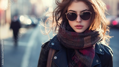 Elegant and attractive young girl dressed in elegant clothing, sporting vintage sunglasses. strolling through the city wearing denim, a leather jacket, a scarf, and a handbag