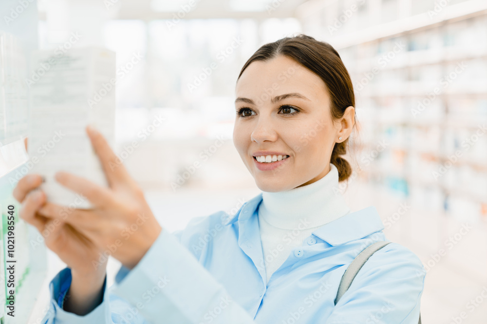 Young caucasian female customer buyer client holding container with pills remedy painkillers antibiotics reading side effects at pharmacy. Purchasing medicines Young caucasian female customer buyer client holding container with pills remedy painkillers antibiotics reading side effects at pharmacy. Purchasing medicines