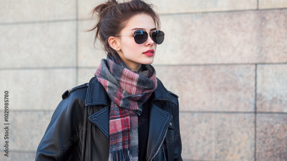 Elegant and attractive young girl dressed in elegant clothing, sporting vintage sunglasses. strolling through the city wearing denim, a leather jacket, a scarf, and a handbag Elegant and attractive young girl dressed in elegant clothing, sporting vintage sunglasses. strolling through the city wearing denim, a leather jacket, a scarf, and a handbag
