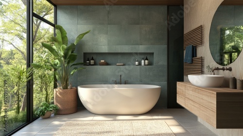 Modern bathroom with large windows, bathtub, and wooden vanity.