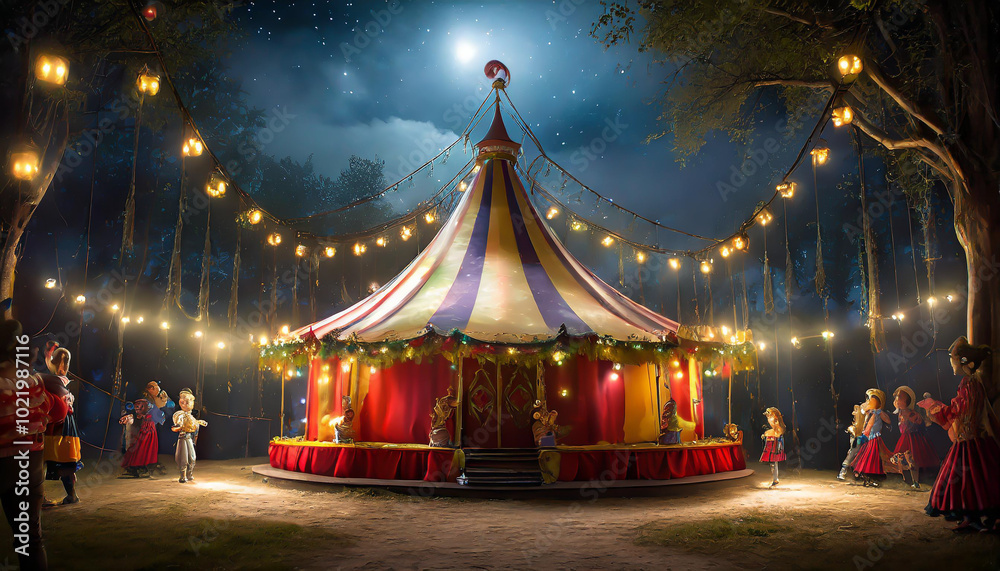 A vibrant circus tent illuminated by string lights in a forest during a magical night celebration with performers and visitors