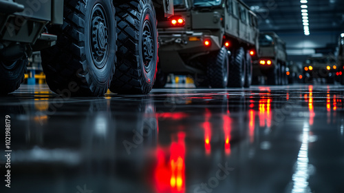 In a large factory with polished concrete floors, military armored vehicles are neatly lined up under the harsh glare of industrial lights. Their tough exteriors and heavy-duty whe photo