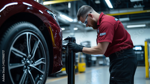 A tire replacement station where a technician is finishing up installing a summer tire, ensuring proper inflation and bolt tightening. The clean, polished environment of the garage