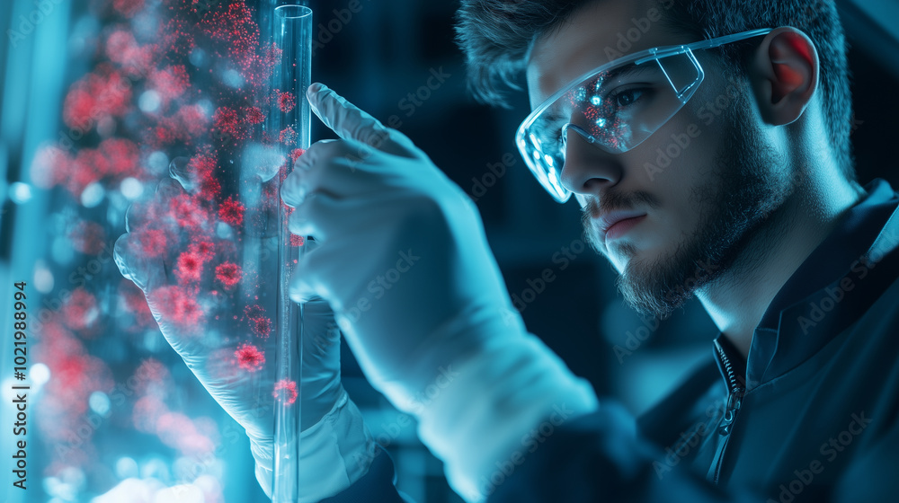 A scientist wearing sterile gloves examines a test tube containing a sample of bacteria, holding it up to the light in a high-tech medical research lab. Bright LED lights reflect o