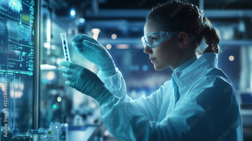 In a futuristic laboratory, a researcher holds up a test tube containing a sample of bacteria, their gloved hand steady as they peer at the sample. The surrounding lab environment In a futuristic laboratory, a researcher holds up a test tube containing a sample of bacteria, their gloved hand steady as they peer at the sample. The surrounding lab environment
