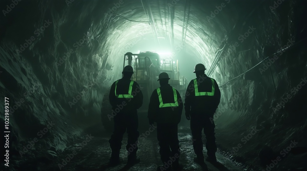 Construction workers inspecting tunnel with heavy machinery Construction workers inspecting tunnel with heavy machinery