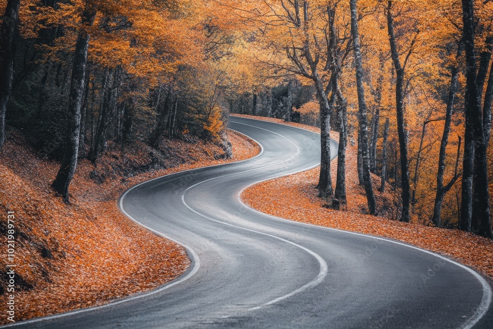 Fototapeta premium A winding road through an autumn forest, with leaves in shades of orange and yellow covering the ground Generative AI