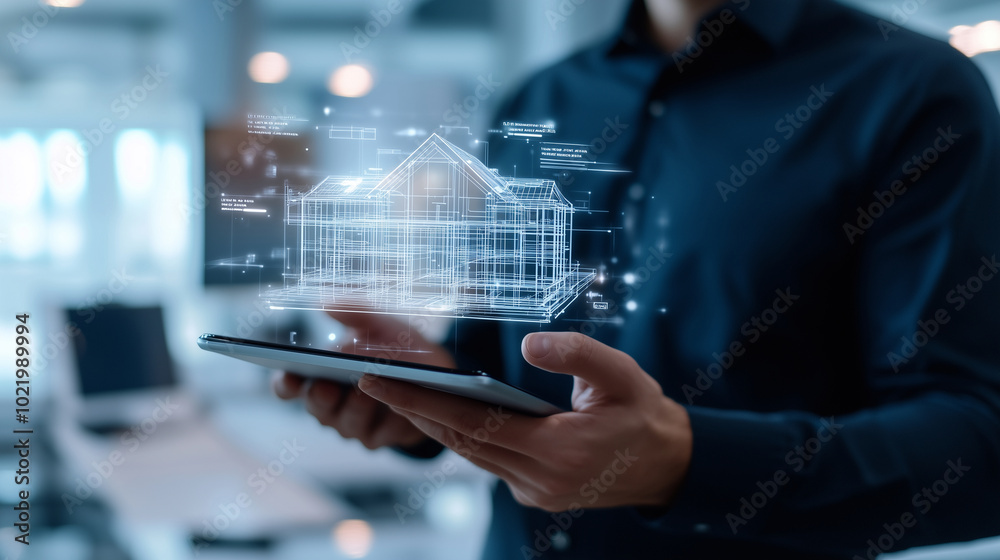 A businessman in a modern office holds a tablet that displays a holographic blueprint of a luxury condominium. The hologram hovers above the tablet, showing detailed floor plans an A businessman in a modern office holds a tablet that displays a holographic blueprint of a luxury condominium. The hologram hovers above the tablet, showing detailed floor plans an