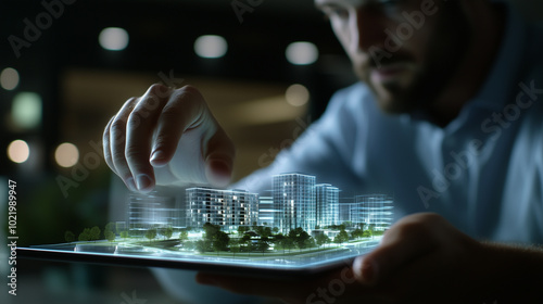 A man swipes across his tablet, and a 3D hologram of a smart city block appears, hovering above the screen. The digital model showcases futuristic apartment buildings and green spa