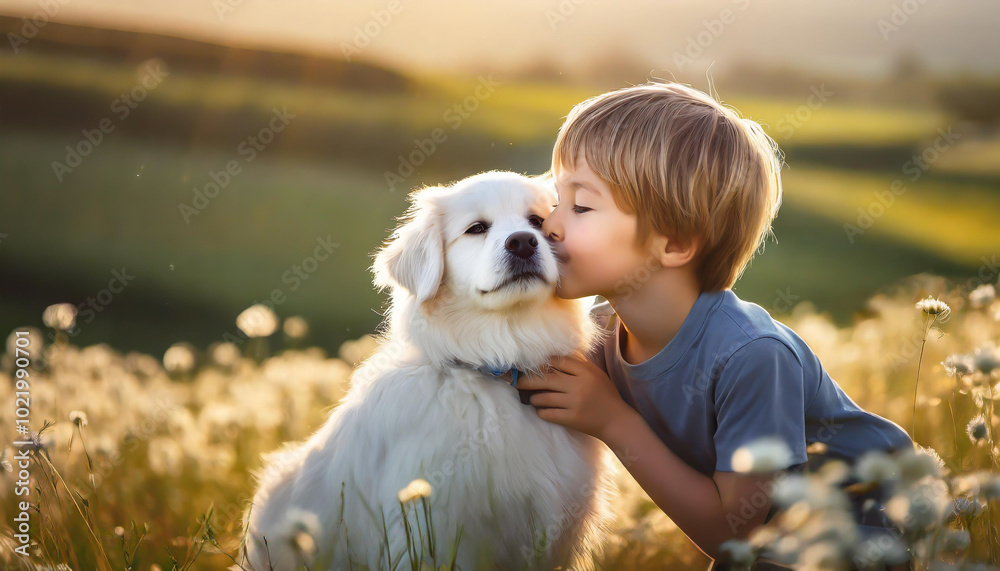 A boy kisses his playful puppy among blooming flowers on a sunny day in a beautiful meadow landscape A boy kisses his playful puppy among blooming flowers on a sunny day in a beautiful meadow landscape
