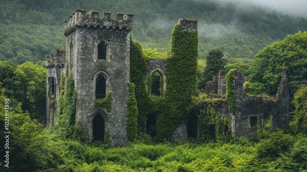 A crumbling stone castle overtaken by foliage, nestled in a lush forest, with a misty background.