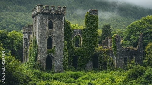 Obraz na płótnie A crumbling stone castle overtaken by foliage, nestled in a lush forest, with a misty background. w salonie