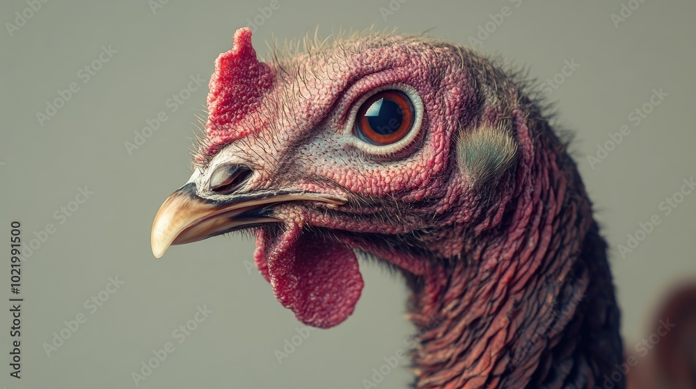 A close-up of a turkey's head, showing intricate details of its feathers and facial features, set against a neutral background