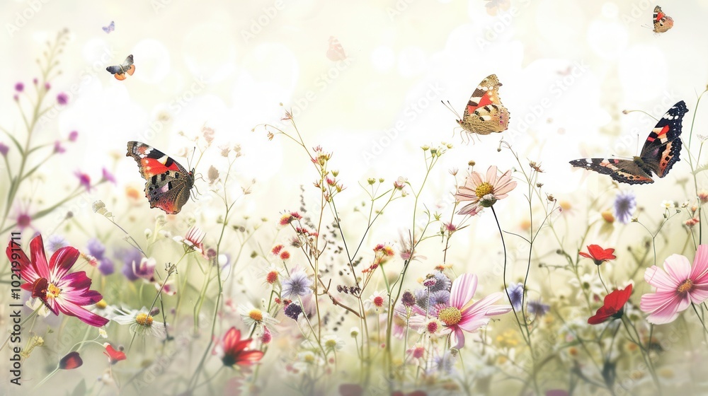 Butterflies dance among a variety of blooming meadow flowers, creating a lively atmosphere in the warm light of the afternoon. Generative AI Butterflies dance among a variety of blooming meadow flowers, creating a lively atmosphere in the warm light of the afternoon. Generative AI